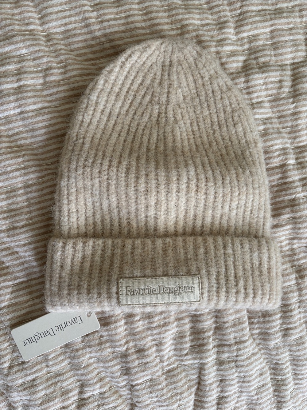 NWT Favorite Daughter The Logo Patch Ribbed Knit Cuff Beanie - Beige Ivory cream - Picture 2 of 6